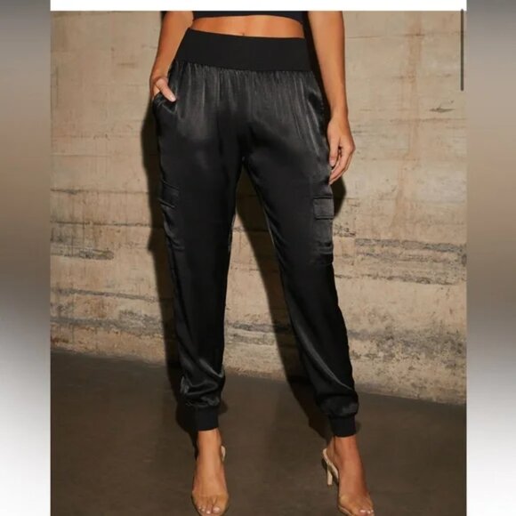Vici Black Satin Pocketed Joggers NWT - (M) - Picture 2 of 6